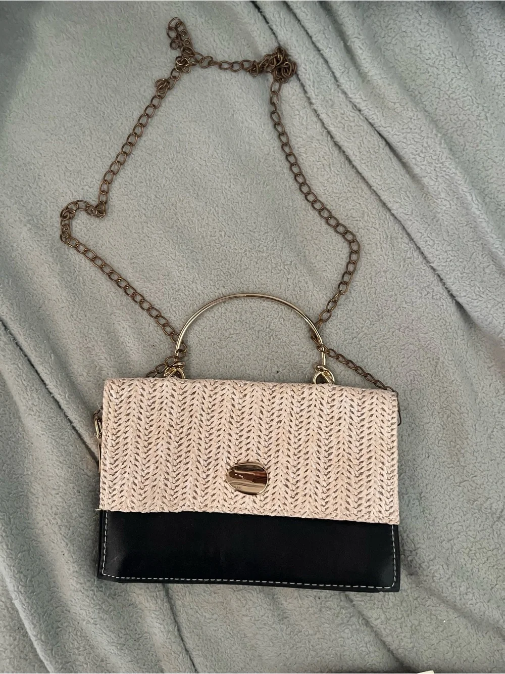 Cream Woven and Black Leatherette Shoulder Bag with Gold Hardware